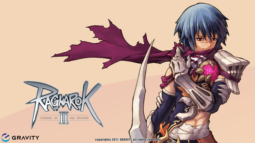 1boy armor blue_hair eremes_guile highres male_focus myung-jin_lee official_art official_wallpaper ragnarok_online_2:_legend_of_the_second scar scarf solo weapon