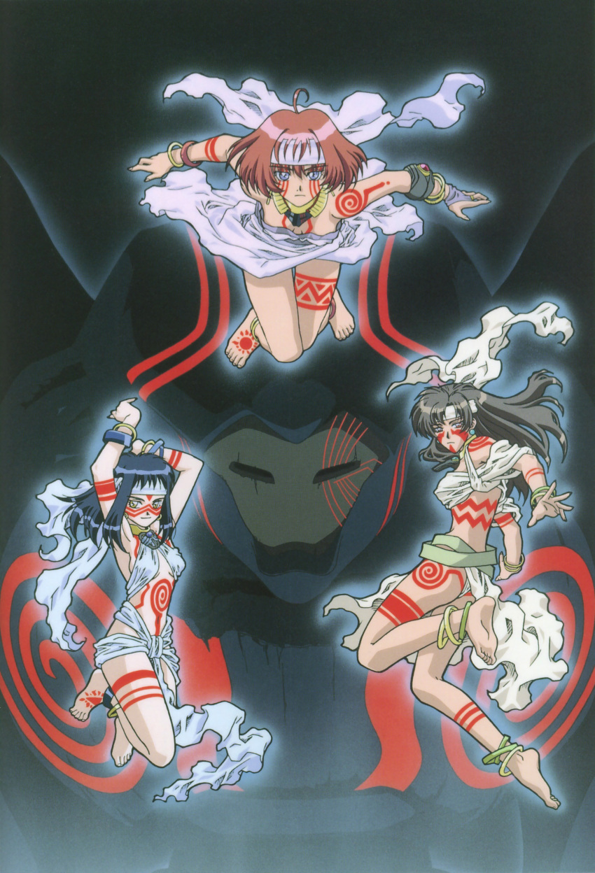 1990s_(style) 3girls absurdres ahoge anklet armpits arms_up artist_request barefoot blue_hair bodypaint bracelet brown_hair feet glowing headband highres ikeda_yuuji jewelry long_hair multiple_girls neo_ranga neo_ranga_(character) official_art photoshop_(medium) red_eyes retro_artstyle shimabara_minami shimabara_ushio shimabara_yuuhi short_hair soles toes tribal yellow_eyes