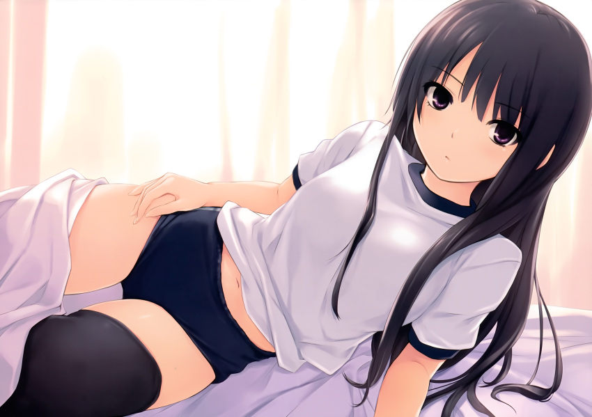 absurdres black_buruma black_hair black_thighhighs buruma coffee-kizoku female gym_uniform highres long_hair looking_at_viewer lying midriff midriff_peek navel on_side original photoshop_(medium) purple_eyes scan shiramine_rika solo thighhighs third-party_edit