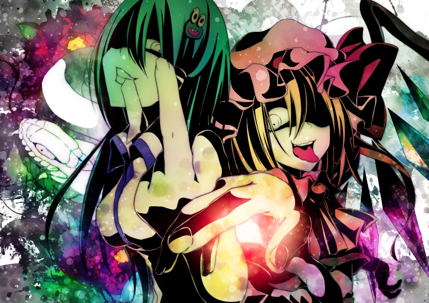 2girls ascot blonde_hair commentary_request crystal flandre_scarlet frog_hair_ornament green_hair grin hair_ornament hair_tubes hat hat_ribbon kochiya_sanae long_hair middle_finger multiple_girls open_mouth photoshop_(medium) ribbon shiori_(moechin) short_hair smile snake tongue touhou wings