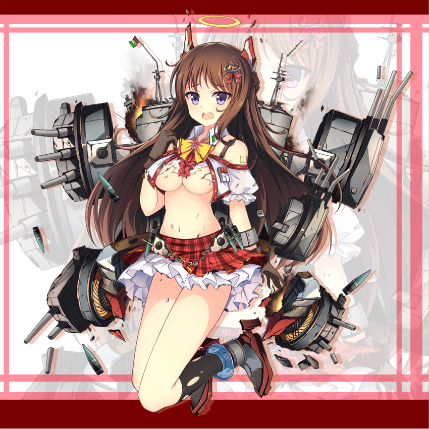 anchor_hair_ornament anklet black_socks bow breasts broken brown_gloves brown_hair caio_duilio_(warship_girls_r) cannon chains chinese_commentary cleavage commentary_request crop_top cropped_jacket damaged explosion female frilled_skirt frills full_body gloves grey_footwear hair_ornament halo highres horns italian_flag italy jacket jewelry jianren long_hair looking_at_viewer machinery medium_breasts midriff navel official_art open_mouth plaid plaid_skirt puffy_short_sleeves puffy_sleeves purple_eyes red_skirt rigging shell shoes short_sleeves skirt smoke socks solo thighs torn_clothes turret warship_girls_r white_jacket yellow_bow zoom_layer