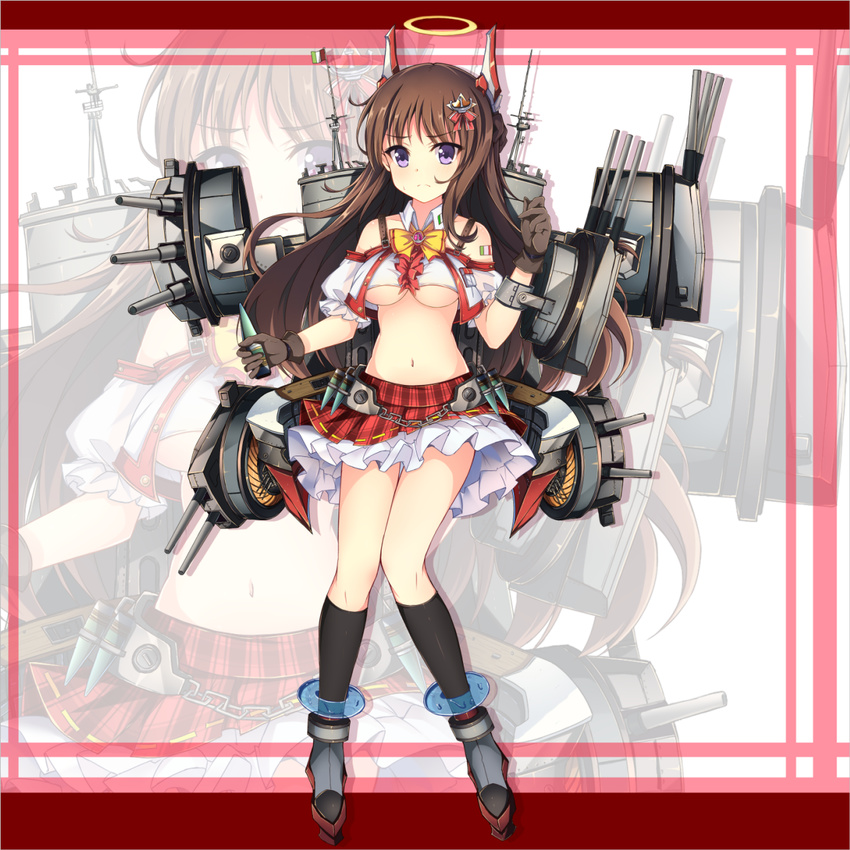 anchor_hair_ornament anklet black_socks bow breasts brown_gloves brown_hair caio_duilio_(warship_girls_r) cannon chains chinese_commentary closed_mouth commentary_request crop_top cropped_jacket female frilled_skirt frills frown full_body gloves grey_footwear hair_ornament halo highres holding horns italian_flag italy jacket jewelry jianren knees_together_feet_apart long_hair looking_at_viewer machinery medium_breasts midriff navel official_art plaid plaid_skirt puffy_short_sleeves puffy_sleeves purple_eyes red_skirt rigging shell shoes short_sleeves skirt socks solo standing turret underboob warship_girls_r white_jacket yellow_bow zoom_layer