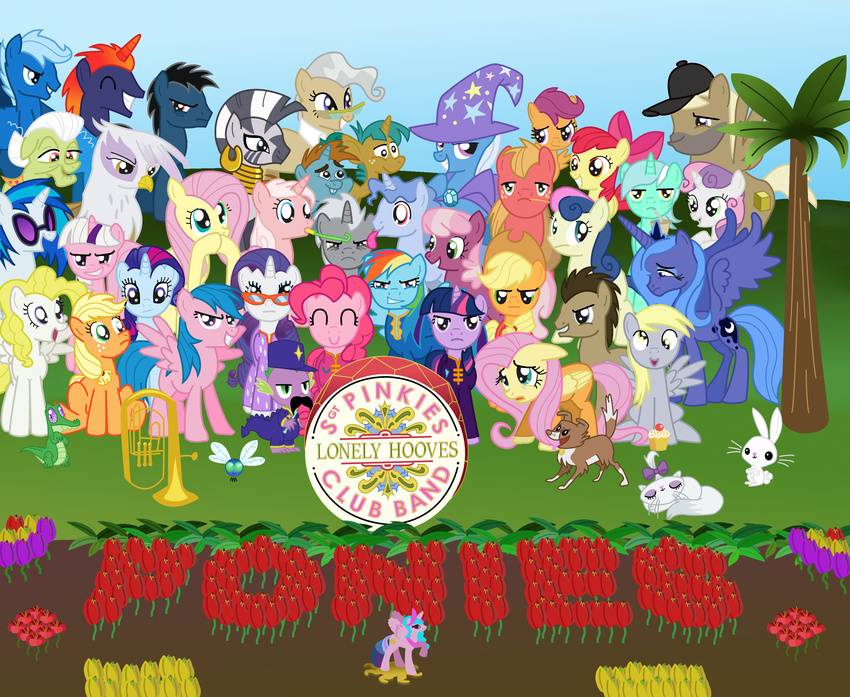 absurd_res accessory alicorn alligator alligatorid angel_(mlp) anthro apple_bloom_(mlp) applejack_(mlp) arthropod avian baritone beak big_macintosh_(mlp) blue_body blue_feathers blue_fur blueshift2k5 bonbon_(mlp) bow_(feature) bow_accessory bow_ribbon canid canine canis centered_hair_bow cheerilee_(mlp) clothing colored crocodilian cupcake cutie_mark cutie_mark_crusaders_(mlp) derpy_hooves digital_drawing_(artwork) digital_media_(artwork) doctor_whooves_(mlp) domestic_cat domestic_dog domestic_pet dragon drum ear_piercing earth_pony english_text equid equine eyeshadow eyewear facial_hair feathered_wings feathers felid feline felis female feral firefly_(pre-g4) flower fluttershy_(mlp) food friendship_is_magic frosting fur garden gilda_(mlp) glasses granny_smith_(mlp) group gryphon gummy_(mlp) hair hair_accessory hair_ribbon hairbow hasbro hat headgear headwear hi_res horn horse insects lagomorph large_group leporid looking_at_viewer lyra_heartstrings_(mlp) makeup male mammal mayor_mare_(mlp) mlp_g1 moustache multicolored_hair musical_instrument my_little_pony my_little_pony_'n_friends mythological_avian mythological_creature mythological_equine mythological_scalie mythology old opalescence_(mlp) parasprite_(mlp) parody pegasus percussion_instrument piercing pince-nez pink_body pink_fur pinkie_pie_(mlp) plant pony posey_(pre-g4) pre-g4 princess princess_celestia_(mlp) princess_luna_(mlp) purple_hair rabbit rainbow_dash_(mlp) rainbow_hair rarity_(mlp) reptile ribbons royalty scalie scootaloo_(mlp) sgt._pepper's_lonely_hearts_club_band snails_(mlp) snips_(mlp) sparkler_(mlp_g1) spike_(mlp) stripes style_emulation surprise_(pre-g4) sweetie_belle_(mlp) tail text the_beatles toy tree trixie_(mlp) twilight_(mlp) twilight_sparkle_(mlp) two_tone_hair unicorn vinyl_scratch_(mlp) white_body white_fur wings winona_(mlp) wood young young_anthro zebra zecora_(mlp)