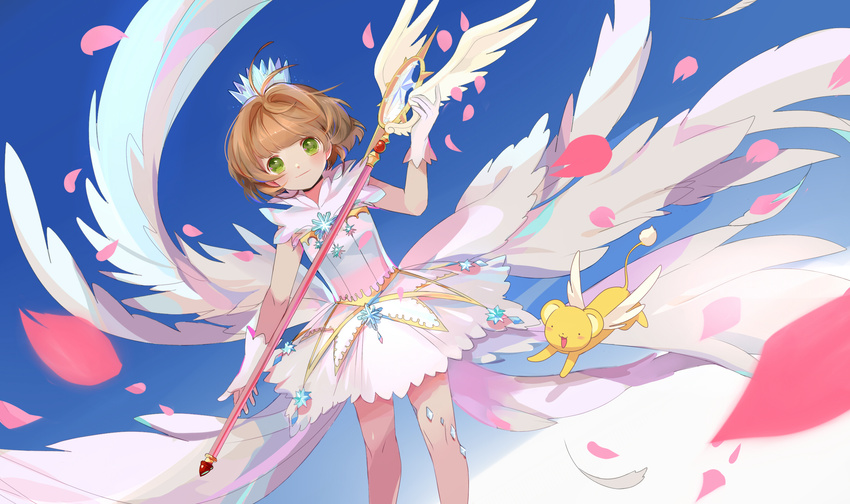 antenna_hair blue_background blunt_bangs brown_hair cardcaptor_sakura cardcaptor_sakura_clear_card_arc commentary_request crown crystal dress dutch_angle female gloves green_eyes heihei highres holding holding_staff kero_(cardcaptor_sakura) kinomoto_sakura kinomoto_sakura_(crystal_feather_dress) looking_at_viewer magical_girl petals short_hair sleeveless staff standing white_dress white_gloves wings yume_no_tsue