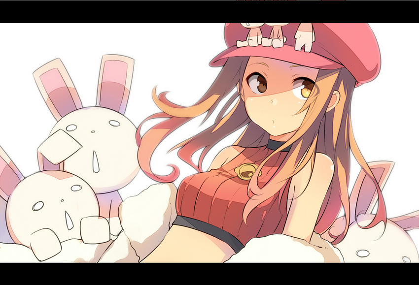 bad_id bad_pixiv_id brown_hair crop_top female hat kiya_machi letterboxed lisher long_hair midriff rabbit solo summon_night summon_night_4 yellow_eyes