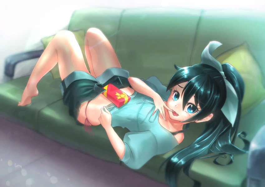 absurdres akimoto_janome bad_id bad_pixiv_id barefoot black_hair blue_eyes blue_shirt bow box bra_strap couch cushion eyelashes female finger_to_mouth from_side ganaha_hibiki gift gift_box hair_ribbon hairbow highres idolmaster idolmaster_(classic) knees_up legs long_hair looking_at_viewer looking_back lying midriff oerba_yun_fang off_shoulder on_back on_couch open_fly open_mouth panties ponytail puffy_sleeves red_panties ribbon shirt short_sleeves shorts side-tie_panties solo tears unbuttoned underwear wavy_mouth