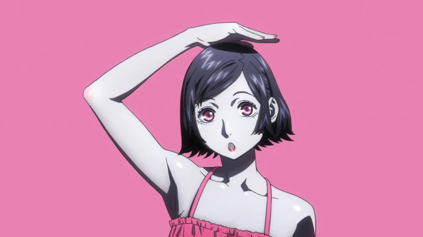 camisole female kokkoku screencap short_hair simple_background solo yukawa_juri