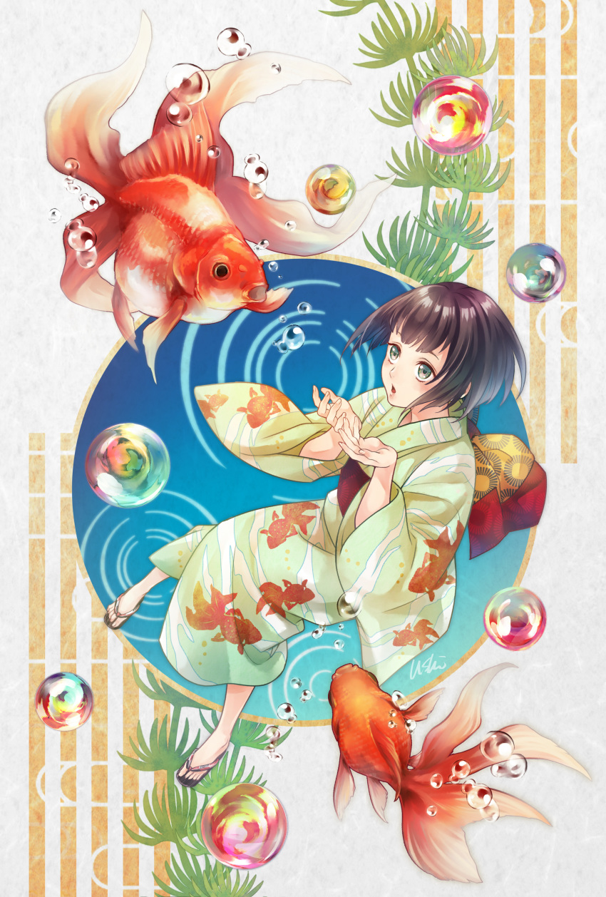 absurdres air_bubble animal_print artist_name black_hair bubble female fish fish_print full_body goldfish goldfish_print green_kimono hands_up highres japanese_clothes kimono original plant ripples sandals short_hair ushi_424 wide_sleeves