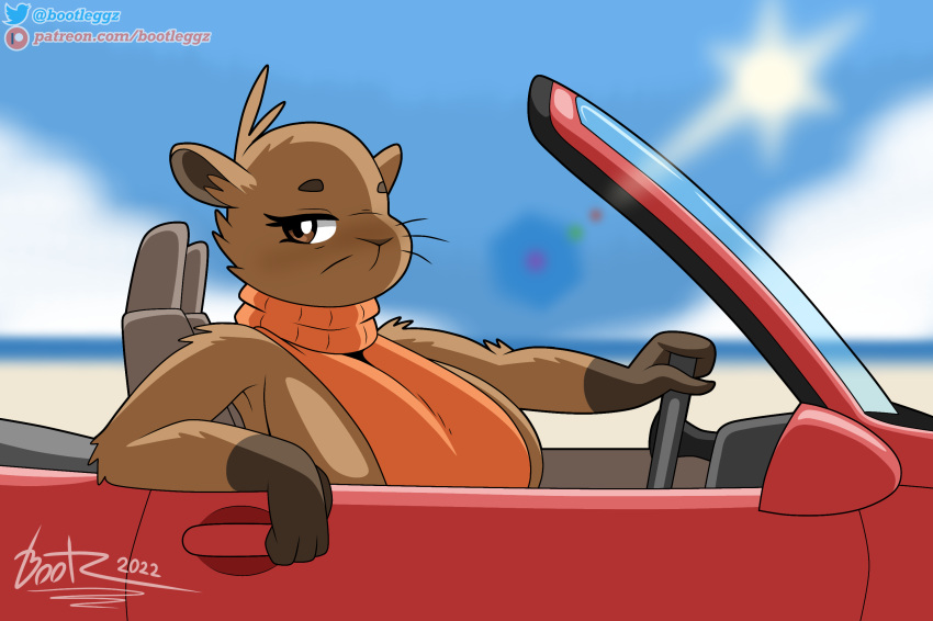 2022 anthro beach big_breasts blush bootleggz breasts brown_body brown_fur capybara car caviid cel_shading clothed clothing cloud convertible detailed_background digital_media_(artwork) driving eyebrows eyelashes female fur glistening glistening_body hi_res huge_breasts inside_car light mammal meme meme_clothing motor_vehicle outside pam_(joaoppereiraus) patreon patreon_logo resting_arm rodent sand seaside shaded side_boob signature sitting sky solo sun sunlight sweater text topwear tuft twitter twitter_logo url vehicle virgin_killer_sweater water