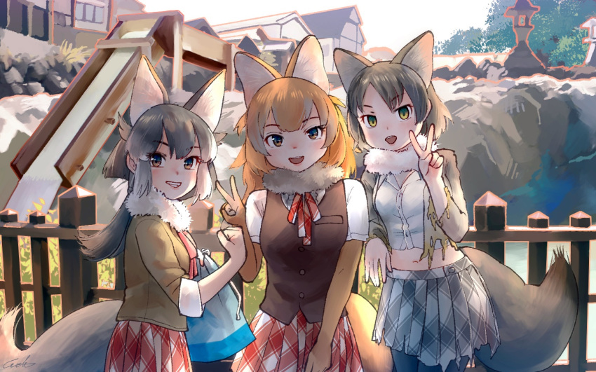 3girls :d animal_ear_fluff animal_ears black_legwear blonde_hair brown_eyes clenched_hand commentary_request day dhole_(kemono_friends) dhole_(kemono_friends)_(old_design) extra_ears fence fur_collar grey_hair grin hokkaido_wolf_(kemono_friends) kemono_friends long_hair long_sleeves looking_at_viewer mexican_wolf_(kemono_friends) midriff multiple_girls open_mouth outdoors pantyhose plaid plaid_skirt pleated_skirt short_hair short_sleeves signature skirt smile tail torn_clothes torn_skirt v vest welt_(kinsei_koutenkyoku) yellow_eyes