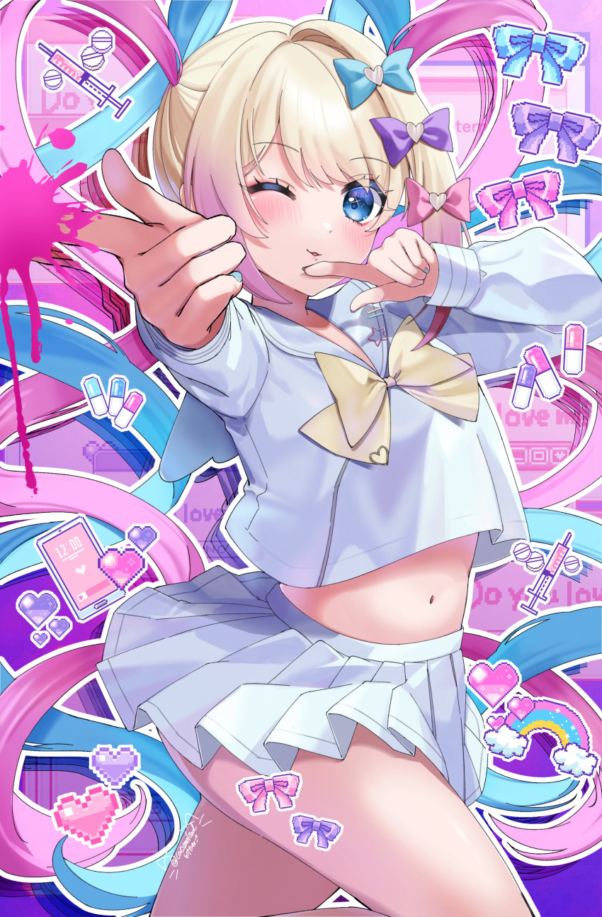 :3 absurdres blonde_hair blue_bow blue_eyes blue_hair blush bow bowtie chouzetsusaikawa_tenshi-chan female gradient_hair hairbow hand_up heart highres index_finger_raised looking_at_viewer medicine midriff multicolored_hair multiple_hair_bows navel needy_girl_overdose one_eye_closed open_mouth outline paint_splatter patterned_background pill pink_bow pink_hair pixel_heart pleated_skirt pointing pointing_at_viewer purple_bow quad_tails rainbow sailor_collar school_uniform serafuku signature skirt solo syringe toketa_neko white_outline white_sailor_collar white_serafuku white_skirt yellow_bow yellow_bowtie