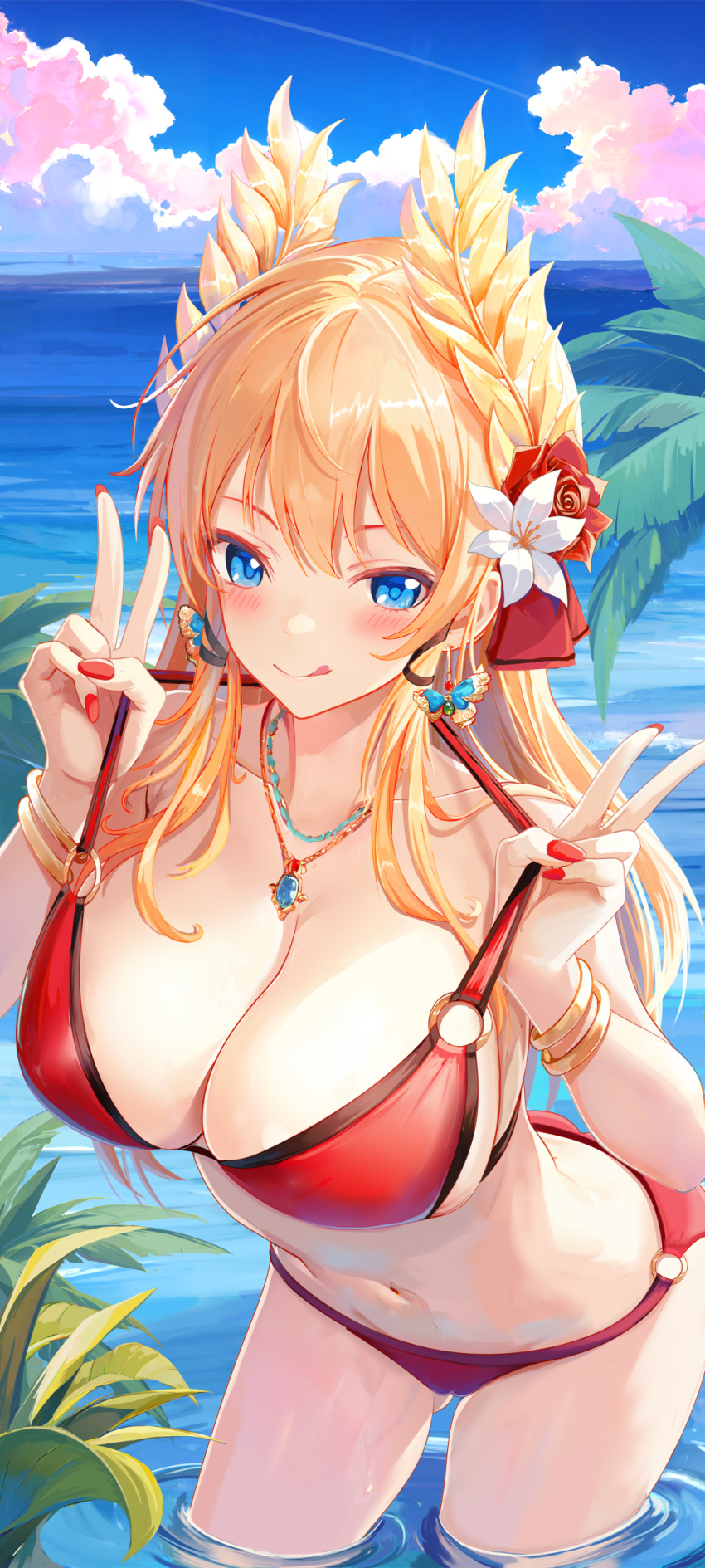 absurdres alternate_costume ass_visible_through_thighs azur_lane bikini blonde_hair blue_eyes blue_gemstone blue_sky breasts cleavage cloud cloudy_sky collarbone cowboy_shot day double_v e^(in)+1=0 female flower gem hair_flower hair_ornament highres huge_breasts jewelry laurel_crown leaning_forward navel necklace o-ring o-ring_bikini outdoors palm_leaf pulling_own_clothes red_flower red_nails red_rose rose sky solo strap_pull swimsuit v victorious_(azur_lane) water white_flower