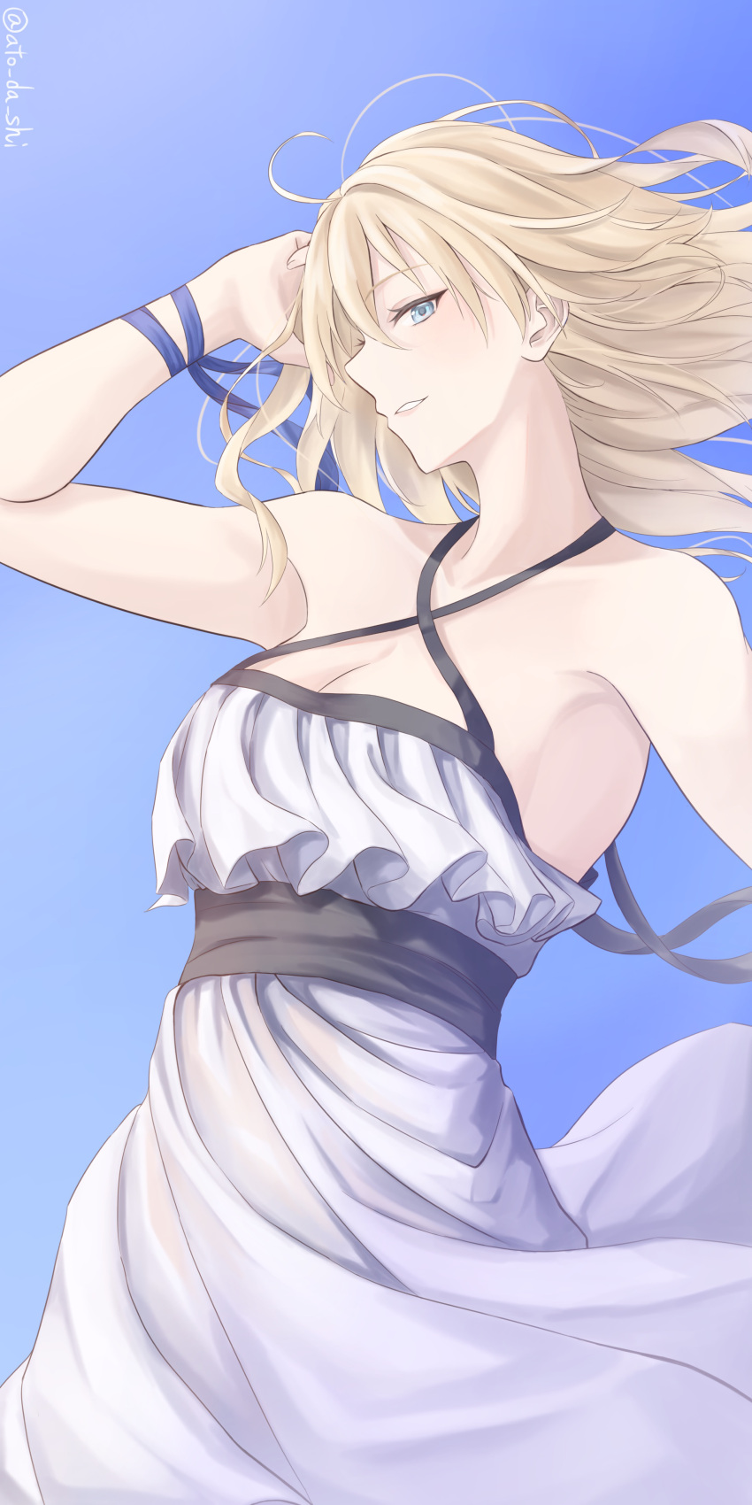 absurdres alternate_costume atodashi bare_shoulders bismarck_(kancolle) blonde_hair blue_eyes breasts cleavage cowboy_shot dress female hair_between_eyes highres kantai_collection long_hair looking_at_viewer medium_breasts outdoors signature smile solo strapless strapless_dress twitter_username white_dress