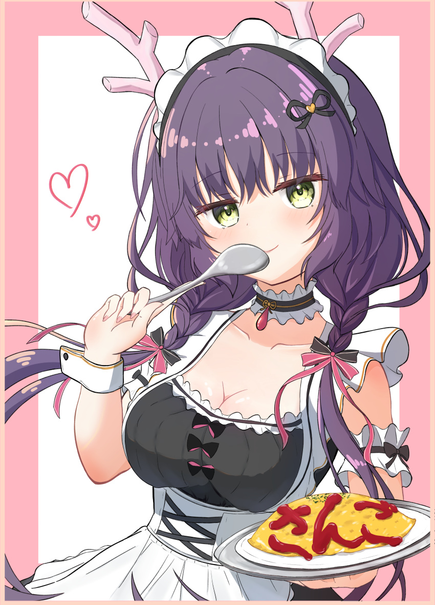 absurdres apron black_bow blush border bow braid breasts bridal_garter character_name choker cleavage closed_mouth collarbone commentary_request cowboy_shot dragon_girl dragon_horns drapri_guu-ta-life female floating_hair food frilled_choker frills green_eyes hair_between_eyes hairbow hand_up heart highres holding holding_plate holding_spoon horns large_breasts long_hair looking_at_viewer low_twintails maid maid_apron maid_headdress omelet omurice pink_border plate purple_hair red_bow sango_(drapri_guu-ta-life) seductive_smile simple_background smile solo spoon translated tsubatyissimo2 twin_braids twintails very_long_hair waitress white_apron white_background white_wrist_cuffs wrist_cuffs