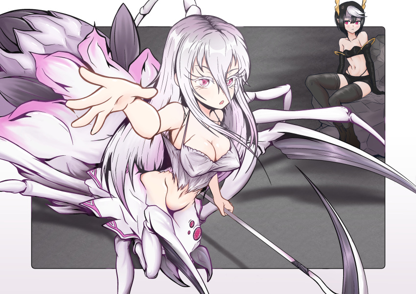 2girls absurdres arachne ariel_(kumo_desu_ga_nani_ka?) arm_up arthropod_girl arthropod_limbs blush breasts bug carapace el_genso extra_eyes extra_legs highres holding holding_scythe kumo_desu_ga_nani_ka? kumoko_(kumo_desu_ga_nani_ka?) large_breasts long_hair looking_at_viewer monster_girl multiple_girls multiple_legs navel open_mouth red_eyes scythe short_hair simple_background smile spider spider_girl taur