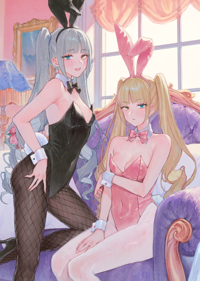 2girls animal_ears bare_shoulders black_leotard black_pantyhose blonde_hair blue_eyes blunt_bangs bow bowtie breasts covered_navel detached_collar drill_hair fake_animal_ears fake_tail fishnet_pantyhose fishnets grey_hair haishima_isari haishima_kagari heterochromia high_heels highleg highleg_leotard highres leotard long_hair looking_at_viewer medium_breasts multiple_girls open_mouth pantyhose pink_leotard playboy_bunny rabbit_ears rabbit_tail school_girl_strikers siblings strapless strapless_leotard tail traditional_bowtie twins twintails uni_(melm) white_pantyhose wrist_cuffs yellow_eyes