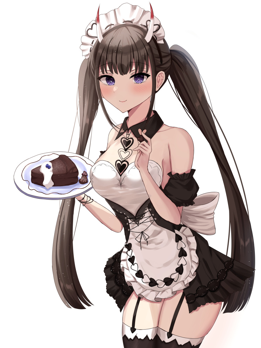 absurdres apron azur_lane bare_shoulders black_dress black_garter_straps breasts brown_hair cake cake_slice cowboy_shot dress female food frilled_apron frilled_dress frills garter_straps highres holding holding_plate horns kuon_(kuon) long_hair looking_at_viewer maid_headdress medium_breasts noshiro_(azur_lane) noshiro_(hold_the_ice)_(azur_lane) official_alternate_costume plate purple_eyes simple_background solo twintails very_long_hair white_apron white_background