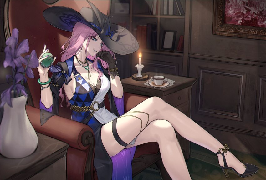 absurdres bakemonsou black_gloves black_hat blue_eyes breasts candlelight chair cleavage commentary_request crossed_legs cup female flower gloves hat highres honkai:_star_rail honkai_(series) indoors jade_(honkai:_star_rail) jewelry large_breasts long_hair looking_at_viewer multiple_girls necklace paid_reward_available pink_hair plant potted_plant purple_hair sitting smile table teacup thigh_strap vase white_background