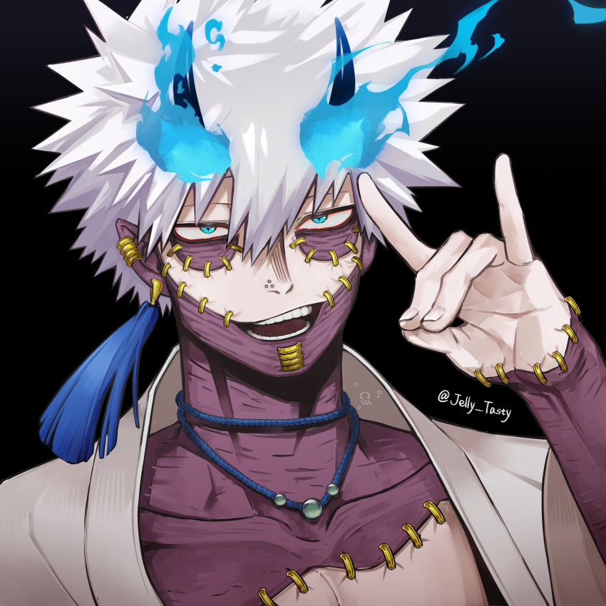 1boy absurdres alternate_costume aqua_eyes aranciojelyfish artist_logo black_background black_horns blue_fire body_modification body_piercings boku_no_hero_academia choker dabi_(boku_no_hero_academia) earrings evil_smile eyebrows_hidden_by_hair fire hair_between_eyes half-closed_eyes hand_up highres horns jacket jewelry looking_ahead male_focus multiple_piercings necklace no_shirt nose_piercing open_clothes open_jacket open_mouth piercing portrait sanpaku shade short_hair simple_background single_earring slit_pupils smile solo spiked_hair stitches tassel tassel_earrings teeth tsurime twitter_username white_hair white_jacket