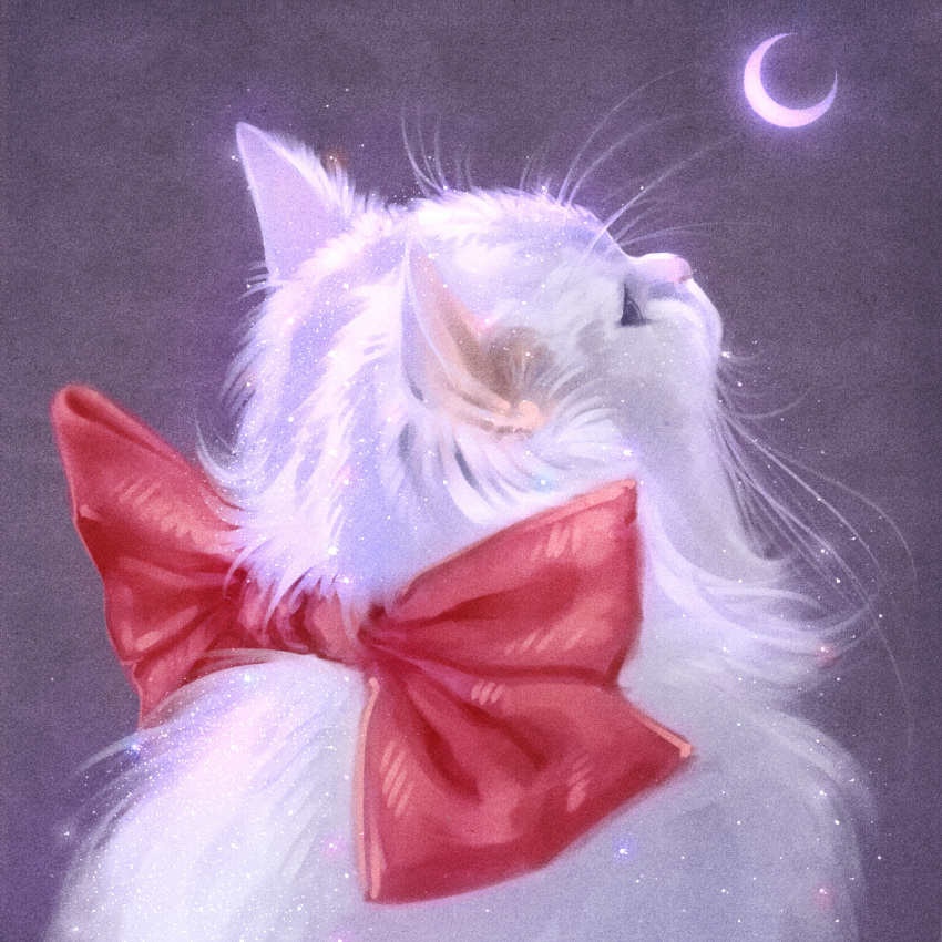 2023 ambiguous_gender bow_accessory british_shorthair christmas colored crescent_moon digital_media_(artwork) digital_painting_(artwork) domestic_cat felid feline felis feral fluffy fur grey_background hi_res holidays mammal martith moon pink_nose rear_view red_bow shaded simple_background solo sparkles whiskers white_body white_fur