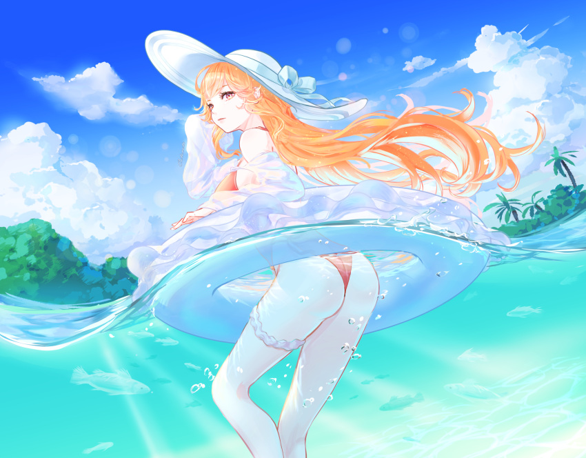 ass azur_lane bare_shoulders blonde_hair blue_sky blush breasts cleavage closed_mouth cloud cotocoto day female fish hair_ornament hat highleg highleg_swimsuit highres innertube large_breasts long_hair looking_at_viewer ocean official_alternate_costume one-piece_swimsuit outdoors palm_tree partially_submerged partially_underwater_shot pink_eyes pink_one-piece_swimsuit revision richelieu_(azur_lane) richelieu_(fleuron_of_the_waves)_(azur_lane) sky solo sun_hat swim_ring swimsuit tree tropical very_long_hair water white_hat