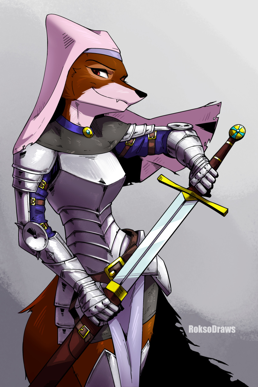 2024 anthro armor artist_name belt black_nose breastplate brown_body brown_eyes brown_fur canid canine chainmail clothed clothing countershade_face countershade_neck countershading digital_media_(artwork) eyebrows eyelashes female fox fully_clothed fur gauntlets gloves handwear headdress headgear headwear hi_res holding_melee_weapon holding_object holding_sword holding_weapon looking_at_viewer maid_marian mammal medieval_armor melee_weapon narrowed_eyes pauldron pink_clothing pink_headwear plate_armor portrait red_fox roksodraws scabbard simple_background solo sword tassets three-quarter_portrait true_fox weapon white_body white_countershading