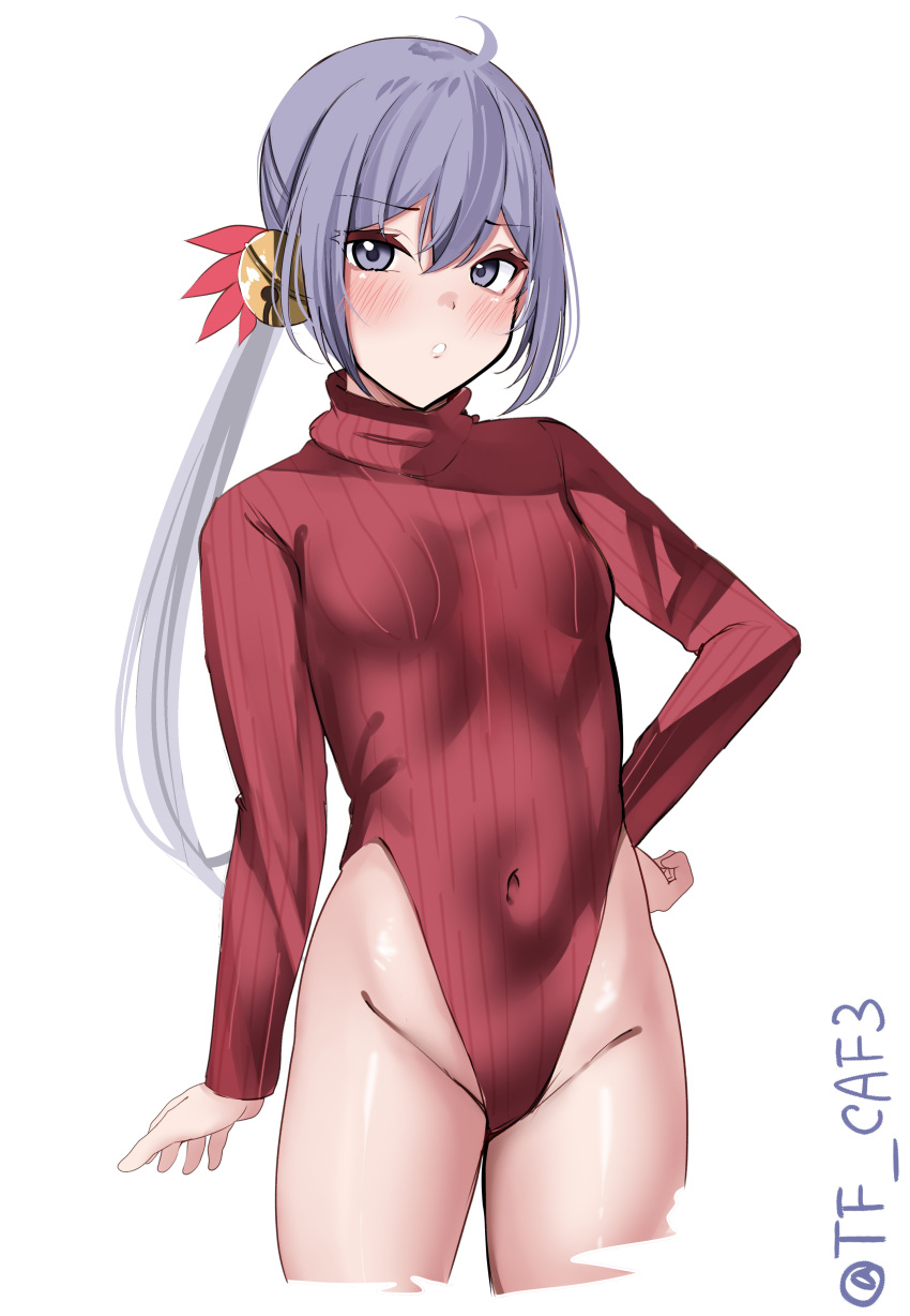 absurdres akebono_(kancolle) alternate_costume bell covered_navel female flower hair_bell hair_flower hair_ornament heattech_leotard highleg highleg_leotard highres jingle_bell kantai_collection leotard long_hair one-hour_drawing_challenge purple_eyes purple_hair red_leotard ribbed_leotard side_ponytail simple_background solo tf_cafe turtleneck turtleneck_leotard twitter_username white_background