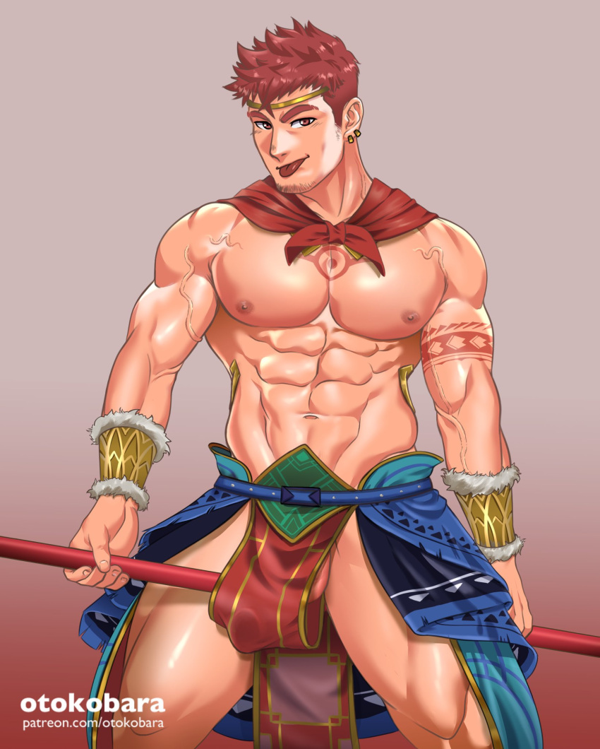 1boy abs arm_tattoo artist_name bara beard_stubble biceps chest_tattoo diadem ear_piercing earrings facial_hair gauntlets gyee highres huge_pectorals jewelry kong_(gyee) loincloth male_focus manly mature_male muscular muscular_male nipples otokobara pectorals piercing red_background red_eyes red_hair scarf short_hair signature simple_background skirt solo spiked_hair stubble tattoo thick_arms thick_eyebrows thick_thighs thighs tongue tongue_out topless_male veins