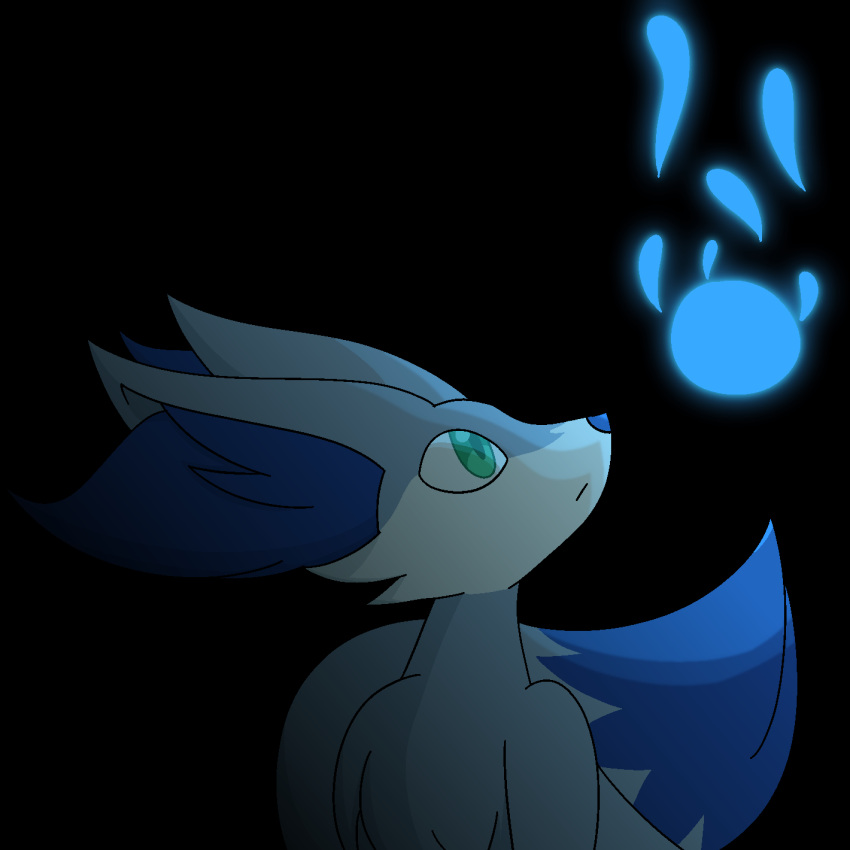 2023 ambiguous_gender black_background blue_inner_ear_fluff blue_tail_tip blue_theme burnis_(lftd) canid canine cheek_tuft digital_media_(artwork) dipstick_tail facial_tuft female fennekin fluffy fluffy_tail fox fur generation_6_pokemon green_eyes hi_res inner_ear_fluff looking_at_object looking_up makomaruku mammal markings mouth_closed nintendo pokemon pokemon_(species) pokemon_mystery_dungeon pupils simple_background solo spike_chunsoft tail tail_markings tuft white_sclera will-o'-the-wisp