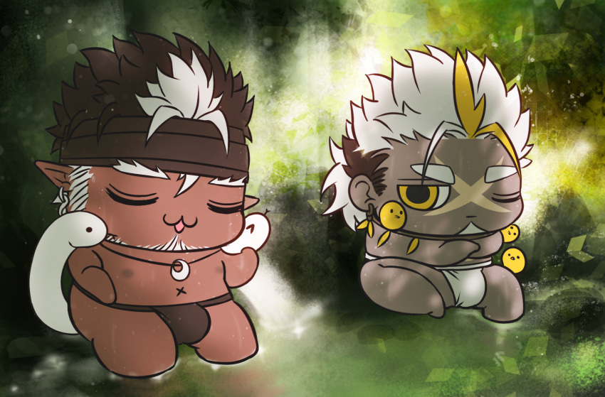 2boys beard beard_stubble bidziil_(gyee) bird blonde_hair brown_hair buegnahrnc9m9lh chibi closed_eyes crossed_arms dark_skin ear_piercing earrings facial_hair forest fundoshi gyee headband highres in_water japanese_clothes jewelry looking_at_another male_focus mature_male multicolored_hair multiple_boys nature nipples no_pants one_eye_closed onsen outdoors piercing pointy_ears scar snake spiked_hair stubble tangaroa_(housamo) tokyo_afterschool_summoners topless_male water white_hair yellow_eyes