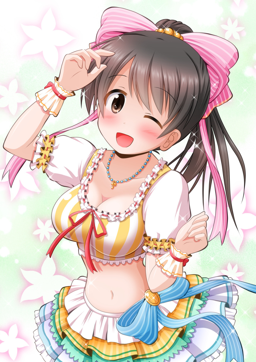 bead_necklace beads black_hair blue_bow blush bow breasts brown_eyes cleavage collarbone cowboy_shot crop_top cropped_shirt dot_nose dress_bow female floral_background glint green_background hair_bun hair_ribbon hairbow hand_up highres idolmaster idolmaster_cinderella_girls idolmaster_cinderella_girls_starlight_stage jewelry layered_skirt looking_at_viewer medium_breasts midriff minami_shinju multicolored_clothes multicolored_skirt navel necklace one_eye_closed open_mouth pink_ribbon ponytail red_bow ribbon scrunchie shirt short_hair short_sleeves single_hair_bun skirt smile solo sparkle standing striped_bow striped_clothes striped_shirt white_scrunchie wrist_scrunchie yaguchi_miu yellow_shirt