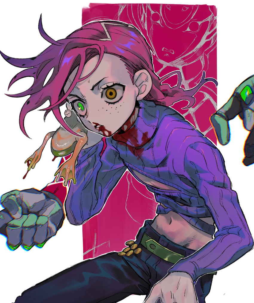 1boy animal belt black_pants blood blood_on_clothes blood_on_face brown_eyes c73an cleavage_cutout clothing_cutout diavolo eyelashes freckles frog green_belt green_eyes heterochromia highres holding holding_animal jojo_no_kimyou_na_bouken king_crimson_(stand) long_sleeves male_focus midriff navel pants parted_lips pink_hair purple_sweater ribbed_sweater stand_(jojo) sweater turtleneck turtleneck_sweater vento_aureo vinegar_doppio