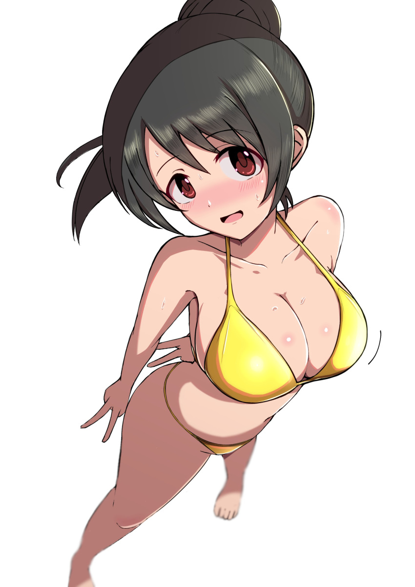 absurdres arms_behind_back bare_shoulders barefoot bikini black_hair blurry blush breasts brown_eyes cleavage collarbone depth_of_field double_v female from_above hair_bun halterneck highres idolmaster idolmaster_cinderella_girls idolmaster_cinderella_girls_starlight_stage looking_at_viewer mashikahazard5 medium_breasts motion_lines open_mouth ponytail short_hair shy simple_background single_hair_bun solo standing string_bikini sweatdrop swimsuit toes v white_background yaguchi_miu yellow_bikini