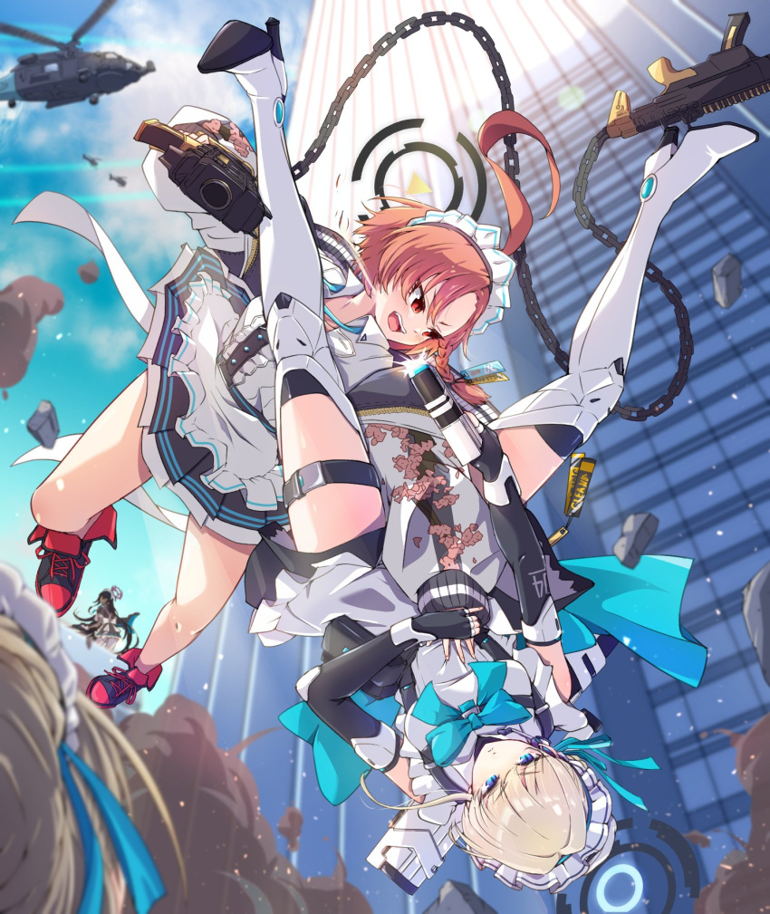 4girls aircraft asuna_(blue_archive) blonde_hair blue_archive blue_eyes building chains commentary_request debris falling gun halo helicopter highres holding holding_gun holding_weapon karin_(blue_archive) maid maid_headdress mechanical_halo mosuke1221 multiple_girls neru_(blue_archive) red_eyes red_footwear red_hair toki_(blue_archive) weapon