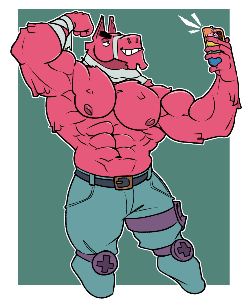 abs absurd_res animate_inanimate anthro bandage bandaged_arm bandaged_neck belt bottomwear camelid clothing cronolm epic_games flexing flexing_bicep fortnite fur hi_res legband living_pinata llama lt._john_llama male mammal muscular muscular_arms navel nipples pants pecs pinata pink_body pink_fur selfie simple_background smile smirk solo taking_selfie teeth tufted_fur