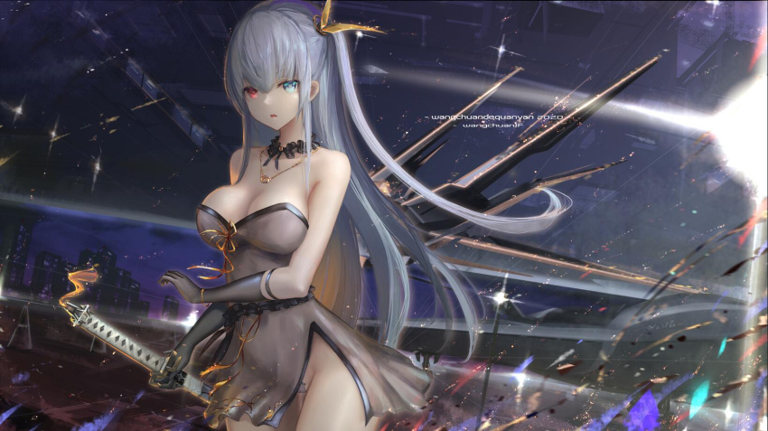 bare_shoulders black_gloves blue_eyes breasts dress female gloves grey_hair heterochromia highres holding holding_sword holding_weapon jewelry large_breasts long_hair looking_at_viewer maebari necklace no_panties original red_eyes see-through see-through_dress solo strapless strapless_dress sword wangchuan_de_quanyan weapon