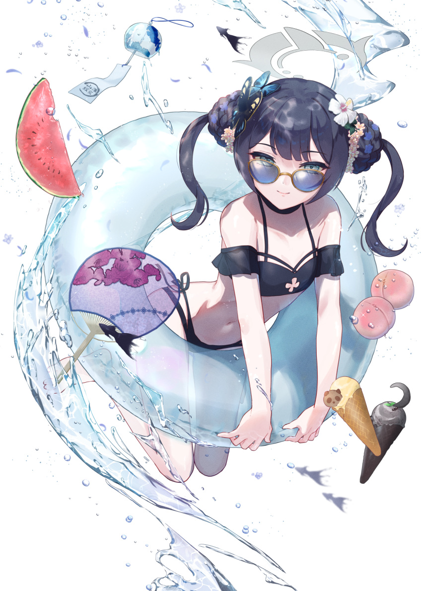 bare_legs bare_shoulders barefoot bikini black_bikini black_hair blue_archive breasts butterfly_hair_ornament closed_mouth double_bun female food fruit grey_eyes grey_halo hair_bun hair_ornament halo hand_fan highres ice_cream innertube kisaki_(blue_archive) long_hair looking_at_viewer navel paper_fan peach rullep simple_background small_breasts smile solo sunglasses swim_ring swimsuit twintails uchiwa watermelon white_background