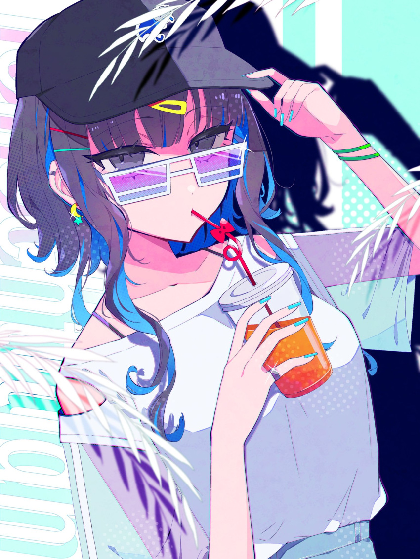 baseball_cap black_hair black_hat blue_hair breasts colored_inner_hair crazy_straw cup drinking_straw fate/grand_order fate_(series) female grey_eyes hair_ornament hairclip hat highres i10_ksw looking_at_viewer medium_hair multicolored_hair shirt short_sleeves sidelocks small_breasts solo sunglasses tenochtitlan_(fate) white_shirt