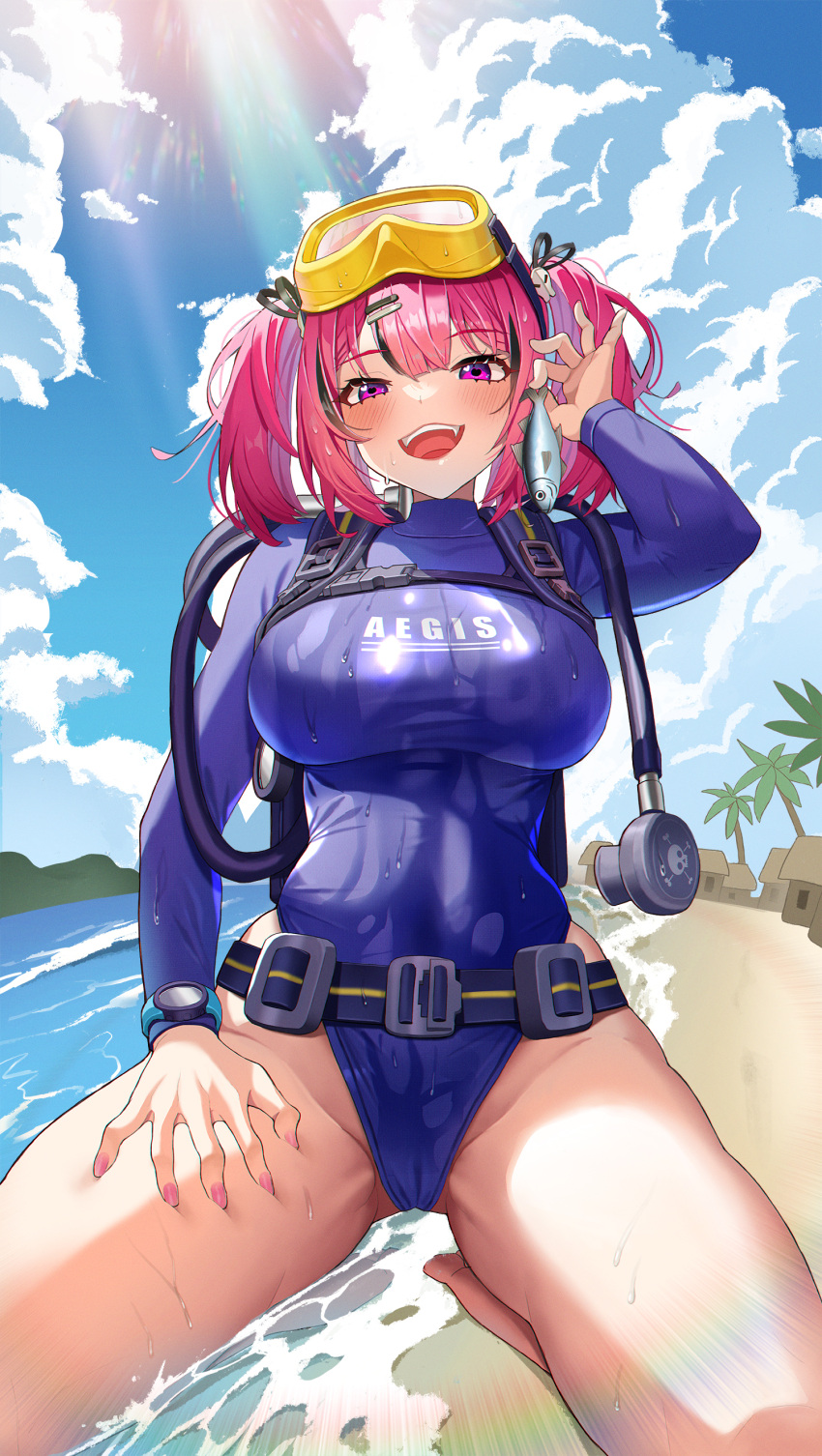 absurdres animal black_hair black_ribbon blue_sky blue_wetsuit blush bodysuit breasts cloud cloudy_sky day deep_skin diving_mask diving_regulator diving_suit female fingernails fish goddess_of_victory:_nikke goggles grabbing_own_thigh hair_ornament hair_ribbon hairclip heart heart_in_eye highres holding holding_animal holding_fish huge_breasts long_sleeves looking_at_viewer mask mask_on_head mast_(mast_the_diver)_(nikke) mast_(nikke) multicolored_hair nail_polish oerba_yun_fang open_mouth outdoors palm_tree pink_eyes pink_hair pink_nails ribbon ruinda skull_hair_ornament sky smile solo streaked_hair sunlight symbol_in_eye teeth thighs tongue tree twintails two-tone_hair upper_teeth_only wetsuit