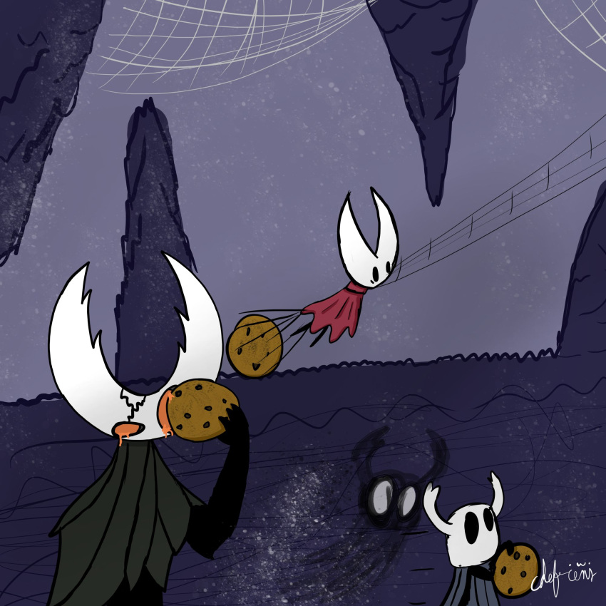 arthropod candy chefrens chocolate chocolate_chips cookie dessert dust female food group hi_res hollow_knight hollow_knight_(character) hornet_(hollow_knight) insects male shadow spider_web team_cherry the_knight_(hollow_knight) trio