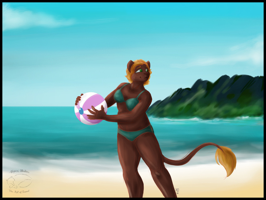 2017 anthro ball beach beach_ball bikini black_border blonde_hair border breasts clothing detailed_background felid female green_eyes hair holding_object inflatable lilli lion looking_back mammal outside pantherine pool_toy sand seaside short_hair smile solo swimwear zannah