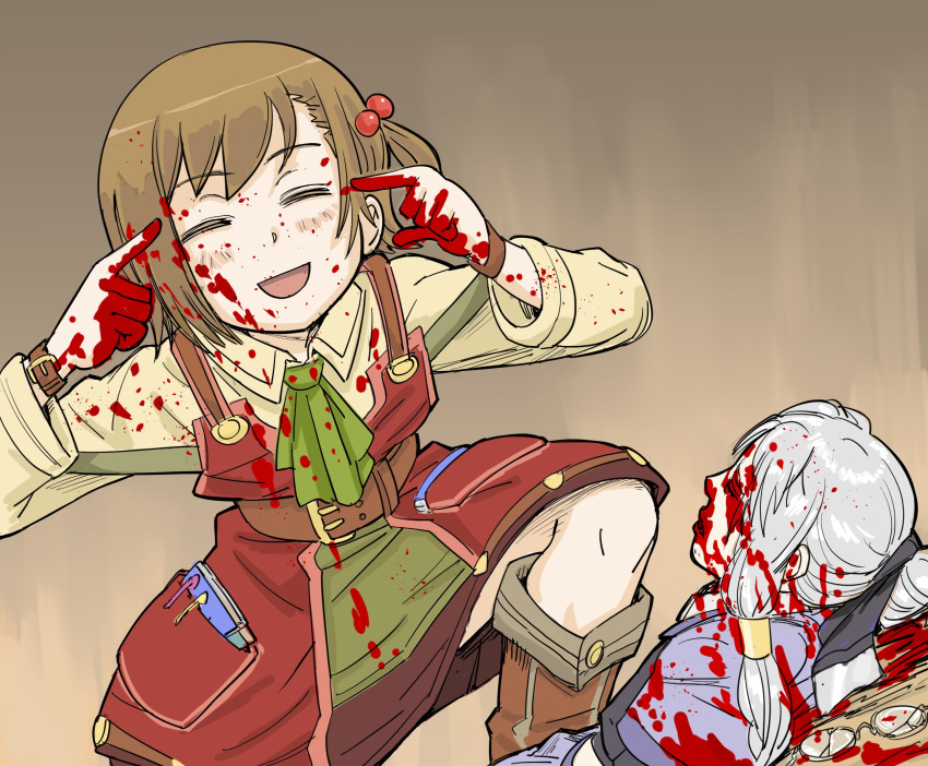 2girls bad_id bb_(baalbuddy) bleeding blood blood_from_mouth blood_on_clothes blood_on_face blood_on_hands blood_splatter blood_stain boots bracelet broken_glass brown_hair buttons english_commentary glass glasses hair_ornament highres inactive_account injury invincible_(series) jewelry meme multiple_girls necktie nosebleed notebook open_mouth recette_lemongrass recettear smile tear_(recettear) think_mark_think!_(meme)