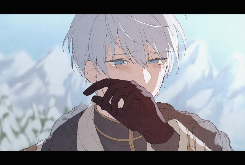 1boy arthur_grandwell blue_eyes blush crying crying_with_eyes_open forest gloves highres letterboxed looking_at_viewer mahoutsukai_no_yakusoku male_focus nature pale_skin shikino_(user_gxnv5542) snow solo tearing_up tears white_hair