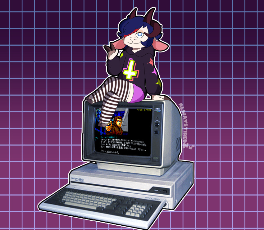 alwaystiredz ambiguous_gender android anthro bottomwear bovid caprine clothing computer computer_monitor crt cybernetics domestic_sheep electronics game_screen geometric_background gillian_seed grid_background hi_res hoodie hooves horn hotpants jacob_sheep konami leg_warmers legwear machine mammal nec pattern_background retro_computer rivit_(riv) robot screen sheep shorts simple_background snatcher solo topwear