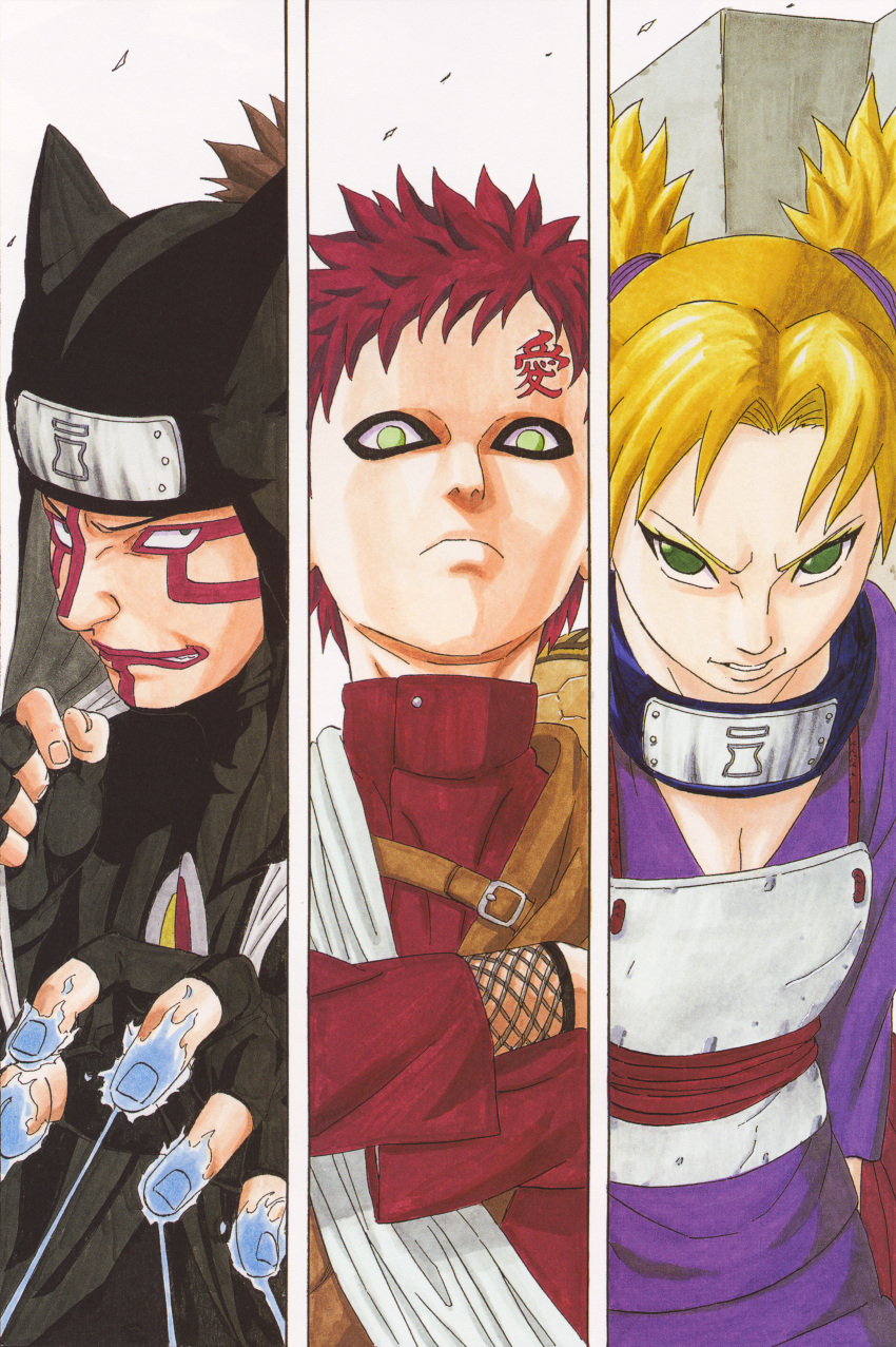 2boys absurdres blonde_hair brother_and_sister brothers colorized cowl female forehead_protector gaara_(naruto) green_eyes highres kankurou_(naruto) kishimoto_masashi marker_(medium) multiple_boys naruto naruto_(series) ninja official_art photoshop_(medium) puppet_strings red_hair scar siblings sunagakure_symbol temari_(naruto) traditional_media