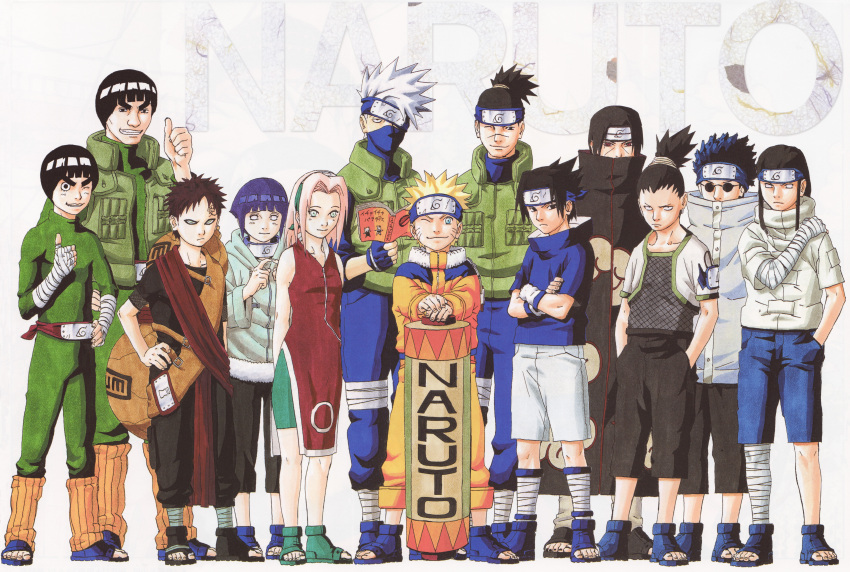 2girls 6+boys absurdres aburame_shino akatsuki_uniform black_hair blonde_hair blue_eyes blue_hair body_writing character_name copyright_name dress eyebrows fingerless_gloves forehead_protector gaara_(naruto) glasses gloves hatake_kakashi highres hyuuga_hinata hyuuga_neji kishimoto_masashi konohagakure_symbol mask might_guy mouth_mask multiple_boys multiple_girls nara_shikamaru naruto naruto_(series) ninja ninja_mask official_art one_eye_closed photoshop_(medium) pink_hair rock_lee sakura_haruno scroll sunagakure_symbol uchiha_itachi uchiha_sasuke umino_iruka uzumaki_naruto white_eyes