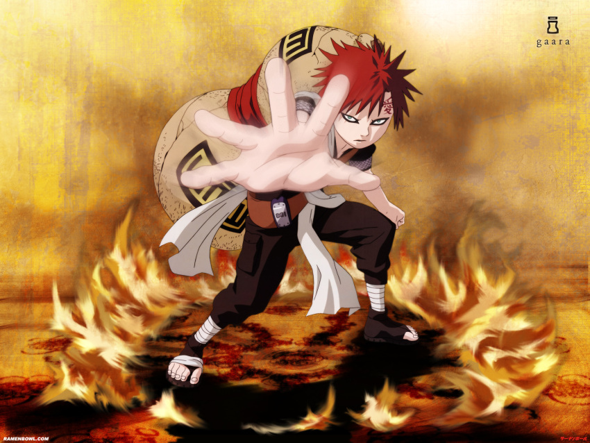 1boy aqua_eyes fighting_stance forehead_protector forehead_tattoo full_body gaara_(naruto) gourd highres male_focus naruto naruto_(series) ninja ramenbowl red_hair sand solo sunagakure_symbol watermark web_address