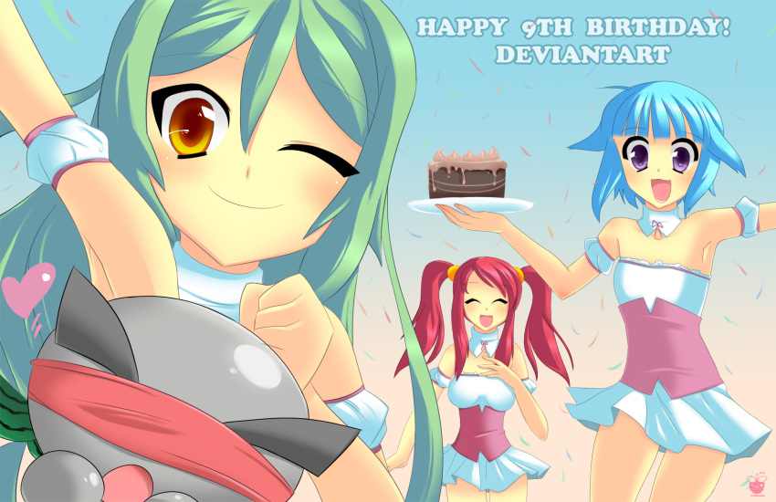 3girls :3 :d ;) ^_^ arm_up armpits artist_logo artist_name bare_arms bare_legs bare_shoulders birthday birthday_cake blindfold blue_hair blunt_bangs cake clenched_hand closed_eyes closed_mouth confetti covered_eyes detached_collar detached_sleeves deviantart dot_nose fella fingernails food framboosi green_hair hair_bobbles hair_flaps hair_ornament happy happy_birthday heart highres holding kasei_(framboosi) long_hair mascot matching_outfits mizumi multiple_girls one_eye_closed open_mouth orange_eyes original photoshop_(medium) purple_eyes red_blindfold red_hair short_hair sidelocks smile standing tanimori thigh_gap twintails