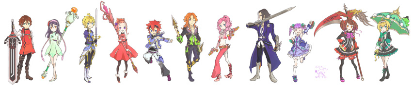 5boys 6+girls adelle_nevanlinna alphonse_zena_meridia arc_rise_fantasia black_hair blonde_hair blue_eyes breasts brown_eyes brown_hair cecille_garcia cleavage commentary_request dress everyone frog gloves green_eyes gun highres l'arc_bright_lagoon leslie_flaherty long_hair medium_breasts midriff multiple_boys multiple_girls nicole_benecsu one_eye_closed orange_eyes orange_hair pantyhose photoshop_(medium) pink_hair poorya purple_eyes purple_hair rasutona_oigen red_hair ruunya ryfia sage_(arc_rise_fantasia) shiho_(pixiv) staff sword thighhighs umbrella weapon wide_image