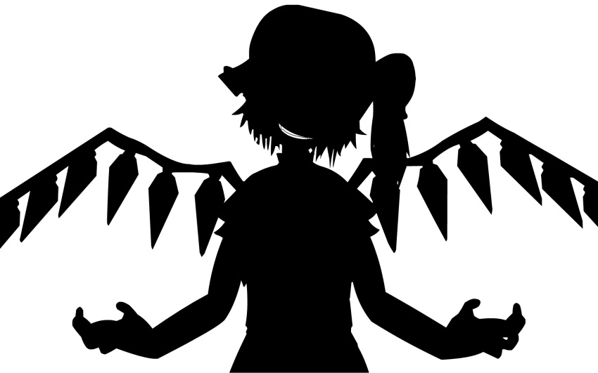 anime_screenshot anira artist_request bad_apple!! evil_grin evil_smile female flandre_scarlet greyscale grin highres monochrome short_hair side_ponytail silhouette smile solo source_request touhou vector_trace wings